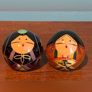 Pair Of Japanese Kokeshi Wooden Ouchi-Nuri Hina? Doll Lacquered Emperor Empress?